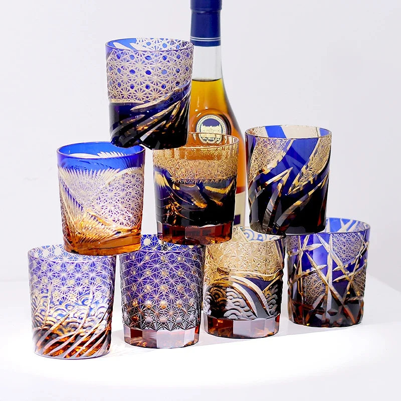 Handicraft Cut Amber Blue Colored Glass whisky glasses Tumbler Japanese Edo Kiriko Technique Glass Artwork Drinkware 260ml