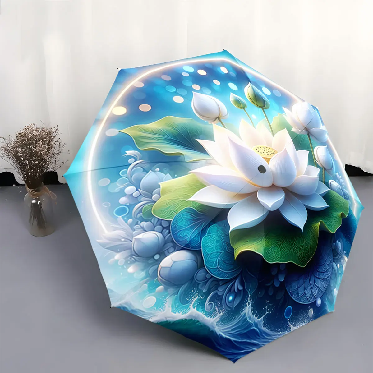 parapluie-portable-impermeable-anti-soleil-et-pluie-Elegant-lotus-blanc-avec-motif-art-ondule-bleu-pour-les-voyages-en-exterieur-et-la-plage