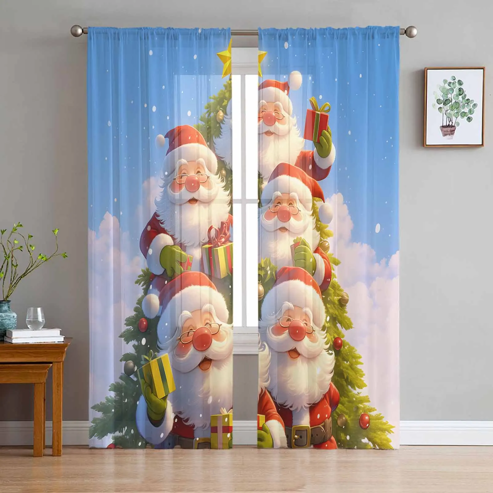 

Santa Claus Christmas Tree Snowflakes Sheer Curtains Modern Gauze Curtain for Living Room Bedroom Voile Yarn Curtains