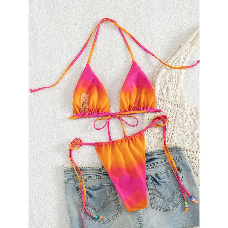 New Soft Bag Custom Printed Thin Strap Halter Front Tie Backless Beach Women's Party Bikini Set