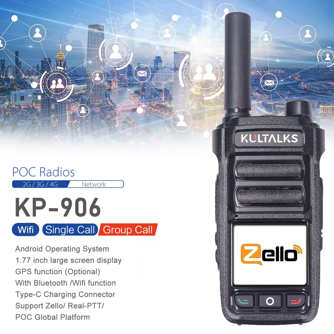 

4G KP-906 Wireless POC Radio ZELLO Global Outdoor 5000 Km National Card 4G Real-ptt POC Radio Android 5.1 with GPS