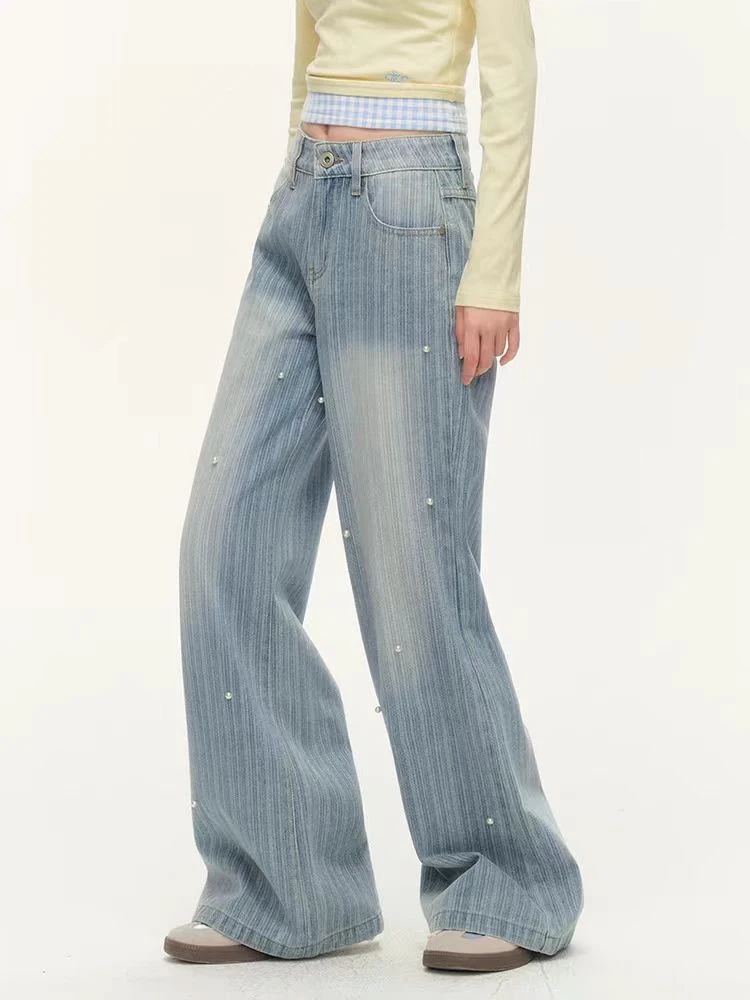 

Vintage Textured Striped Jeans Pearl Beaded Jeans Women 2024 New High Waist Wide Leg Loose Casual Straight Denim Pants Female