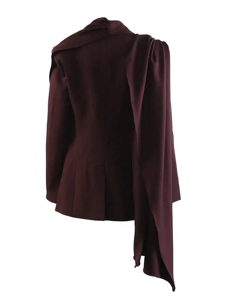 Wine Red Women Irregular Elegant Big Size Blazer New Scarf Collar Long Sleeve Jacket Fashion Spring Autumn 2026 7I8E