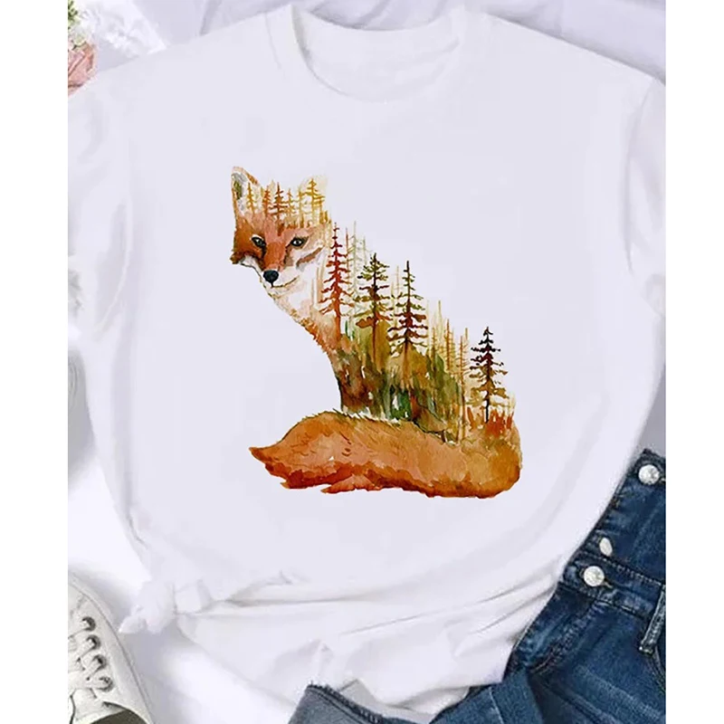 

Cartoon Fox Streetwear Fashion Girls T-Shirts Harajuku Kawaii White Clothes Short Sleeve Summer Tees Casual Female O-Neck Tops