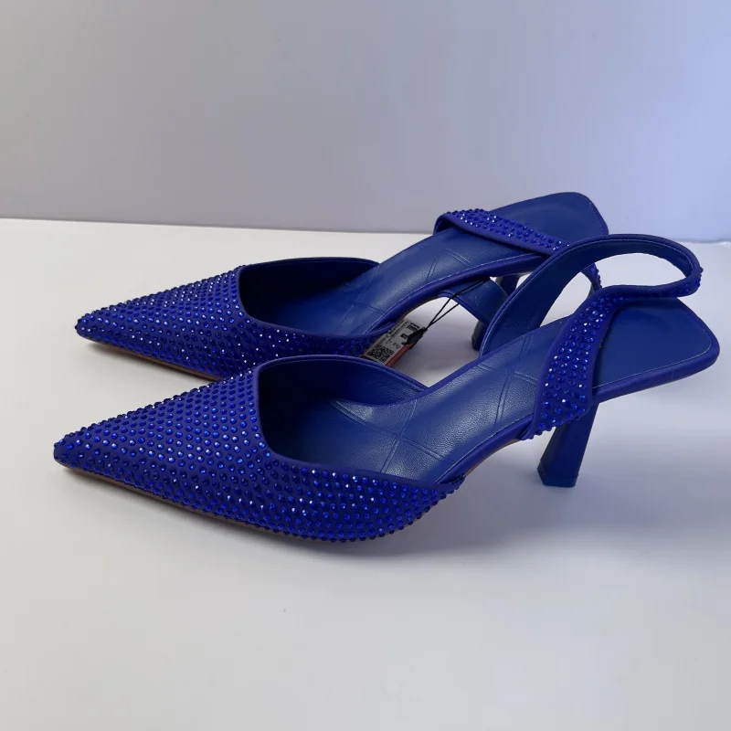 TRAF, zapatos de tacón alto azules de talla 42 para mujer, zapatos de tacón con diamantes de imitación ostentosos a la moda, zapatos de fiesta, sandalias sin talón para mujer