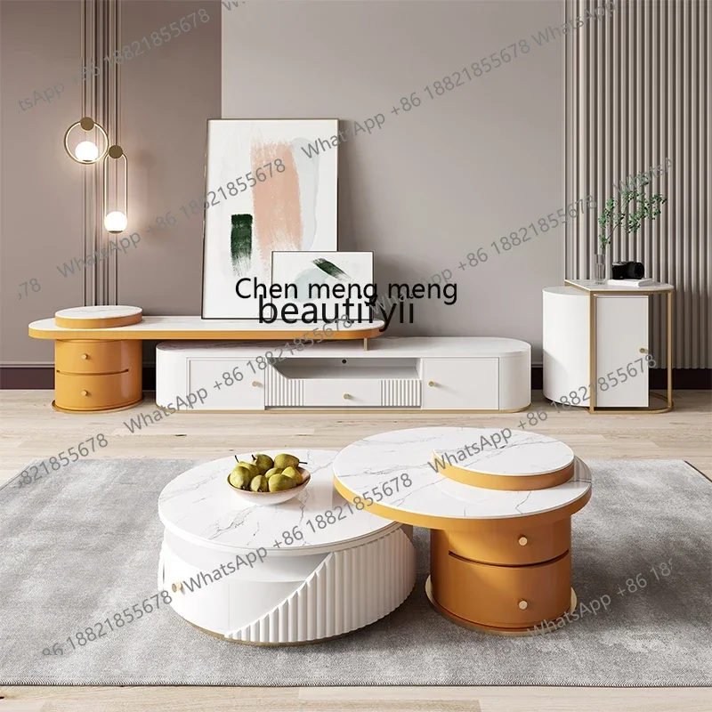 cn8350 LHY yj Light Luxury Stone Plate Bright Light Coffee Table TV Cabinet Combination Retractable Home Living Room round Tea T