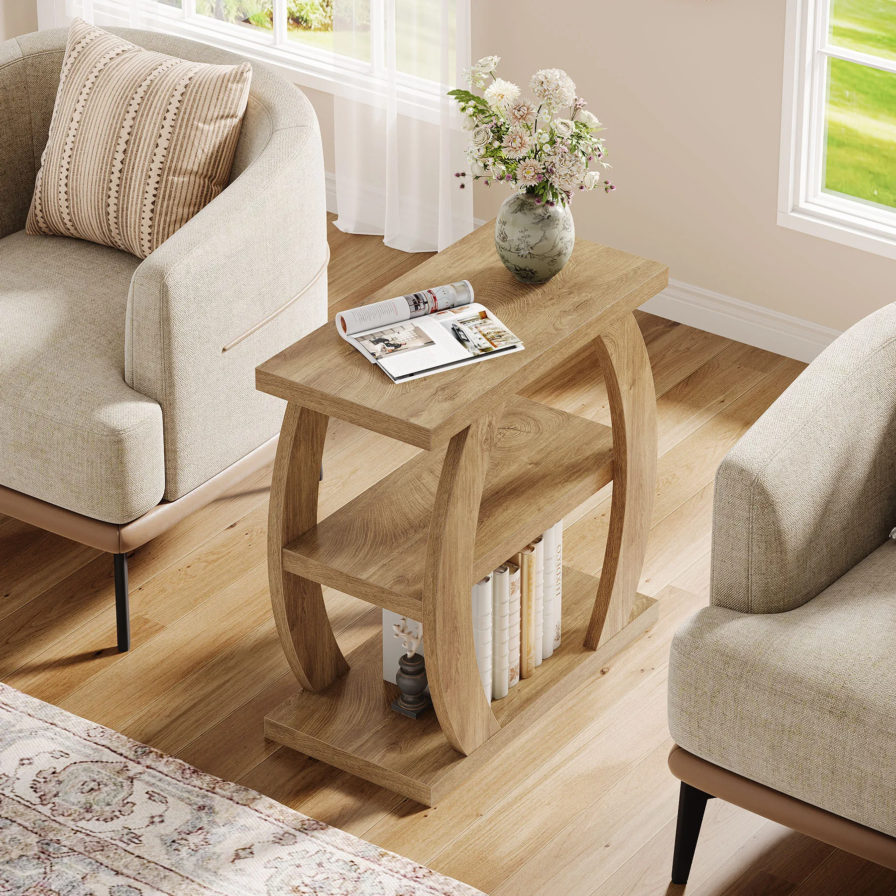 Tribesigns End Table for Living Room, 3-Tier Narrow Side Table with Storage, Farmhouse Wooden Beside Table with Geometric Frame, Tall Nightstand for Bedroom, Small Spaces, Natural Oak image 4