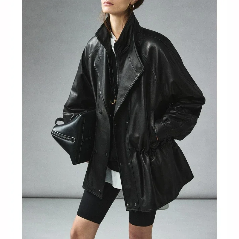 

veste Spring and Autumn Double Collar Drawn Waist Leather Jacket Retro Medium Long Loose Skinny Leather Coat for Women