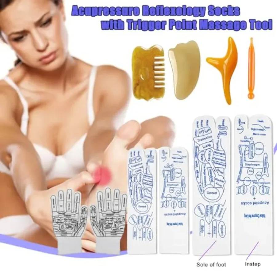 Reflexology Socks with Gloves Tools Set for Foot Massage Therapy at Home or Office Includes 4pc Trigger Point Massage Tools Des