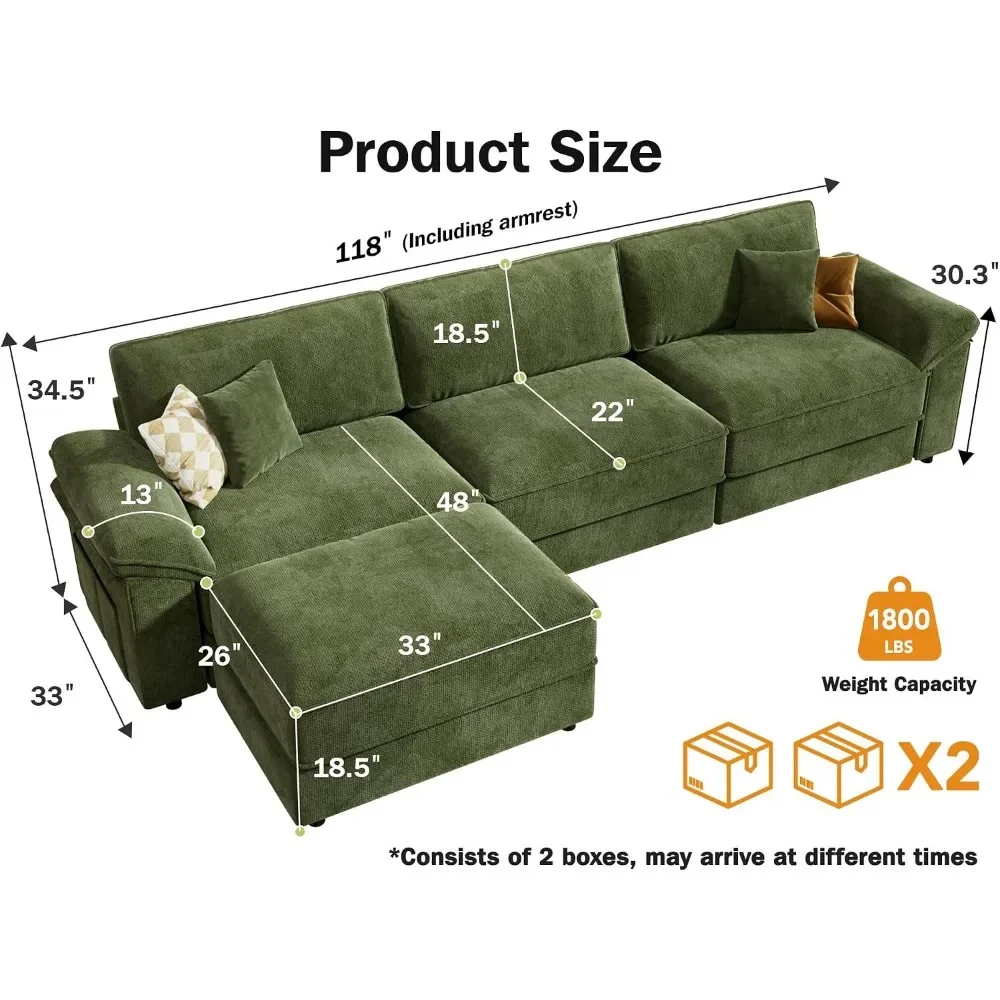 Oversized L-shaped Modular Sectional Sofa with Movable Ottoman for Living Room, Premium Upholstery, Thick Cushion, Green