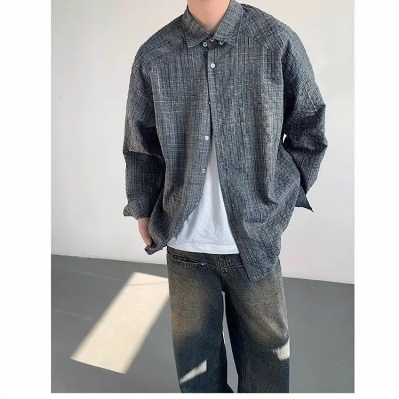 

Корейская ретро плиссированная клетчатая рубашка с длинными рукавами, мужская ранняя осень, свободная рубашка в ленивом стиле, куртка