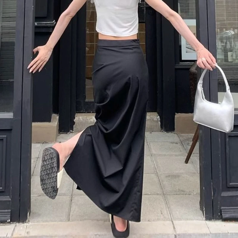 

Side-slit Skirts Women Summer Cool Girls Folds Asymmetrical Designed Korean Fashion Streetwear A-line Slender Leisure Drawstring