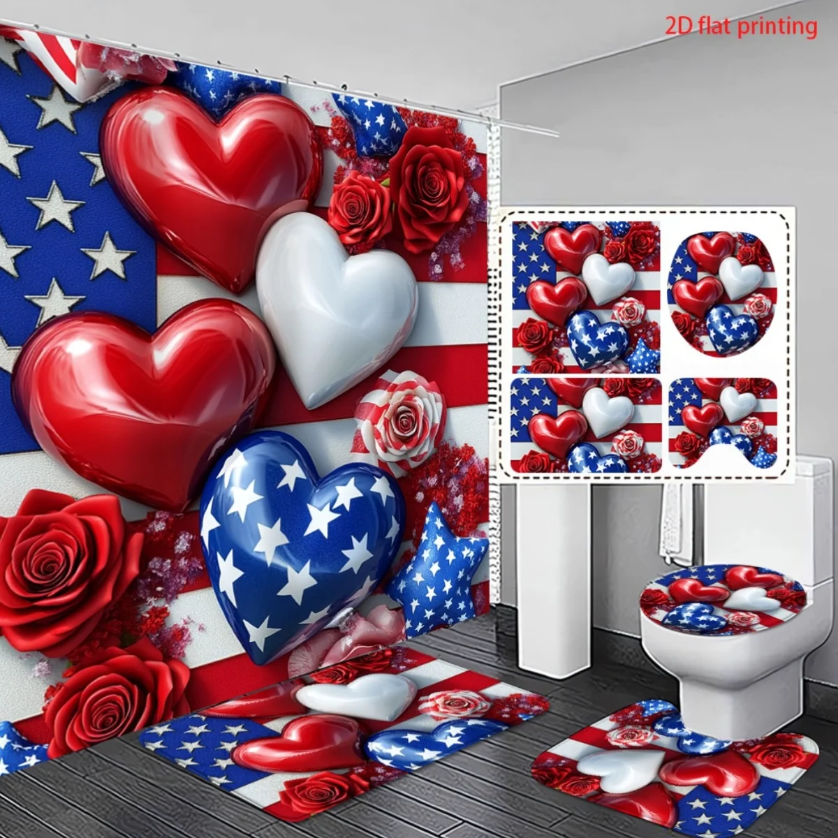 

2D Flat Patriotic 4pcs Bathroom Set USA Flag Heart Print Shower Curtain Anti Slip Toilet Seat Cover Independence Day Home Gift