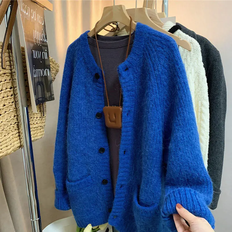 

Klein Blue Cozy Oversized Knit Cardigan Women Open Front Pocket Design Button Closure Soft Textured Casual Sweater Top