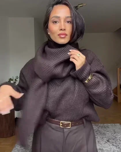 Solid Turtleneck Knit Short Pullover Women Chic Scarf Collar Full Sleeves Loose Warm Sweater 2026 Lady Daily Street Pullovers