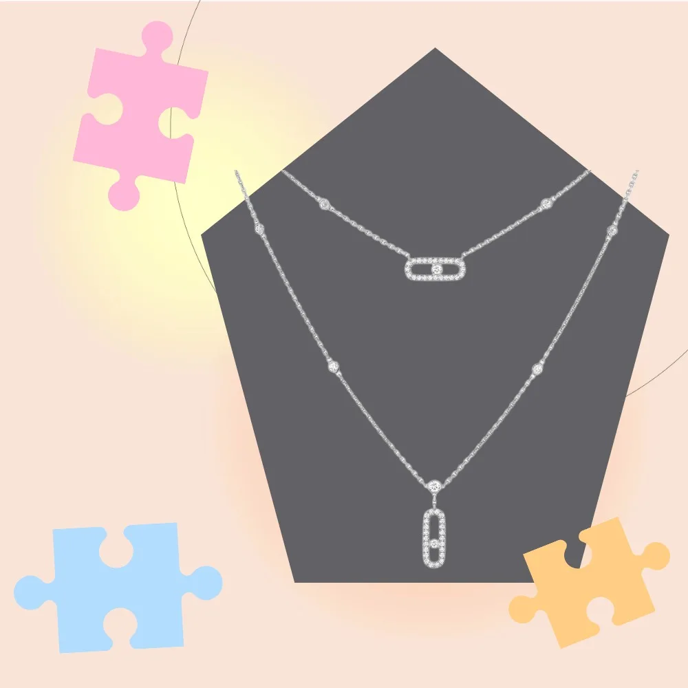 

S925 Sterling Silver Double Layered Necklaces Moving Diamond Pendant, Charming Luxury Jewelry For Women