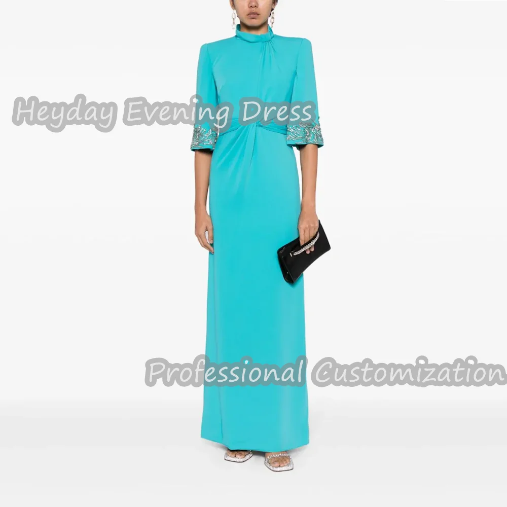 Heyday O-Neck Saudi Arabia Half Sleeves Beaded Straight Ruffle Prom Gown Crepe Ankle Length Elegant luxury Dress For Women 2024