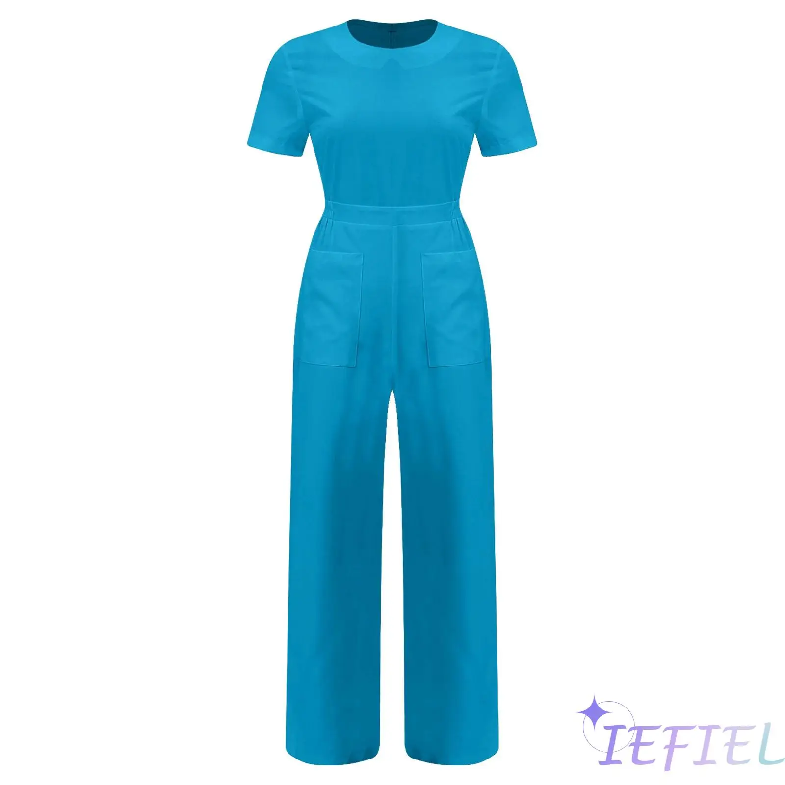 Adult Women Medical Jumpsuit Short Sleeve Front Patch Pockets Back Zipper Wide Leg Romper Workwear for Doctor Nurse Outfit