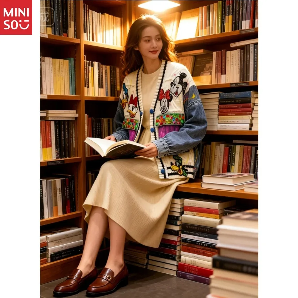 

Miniso Cartoon Beaded Denim Splicing Knitted Cardigan 2025 Autumn and Winter Loose Casual Versatile Sweater Jacket