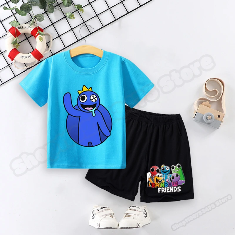 

1Set Rainbow Friends Boys Summer Casual Clothing Kids Cute Cotton T-shirt Anime Fashion Shorts Cartoon Short Sleeve Clothes Gift