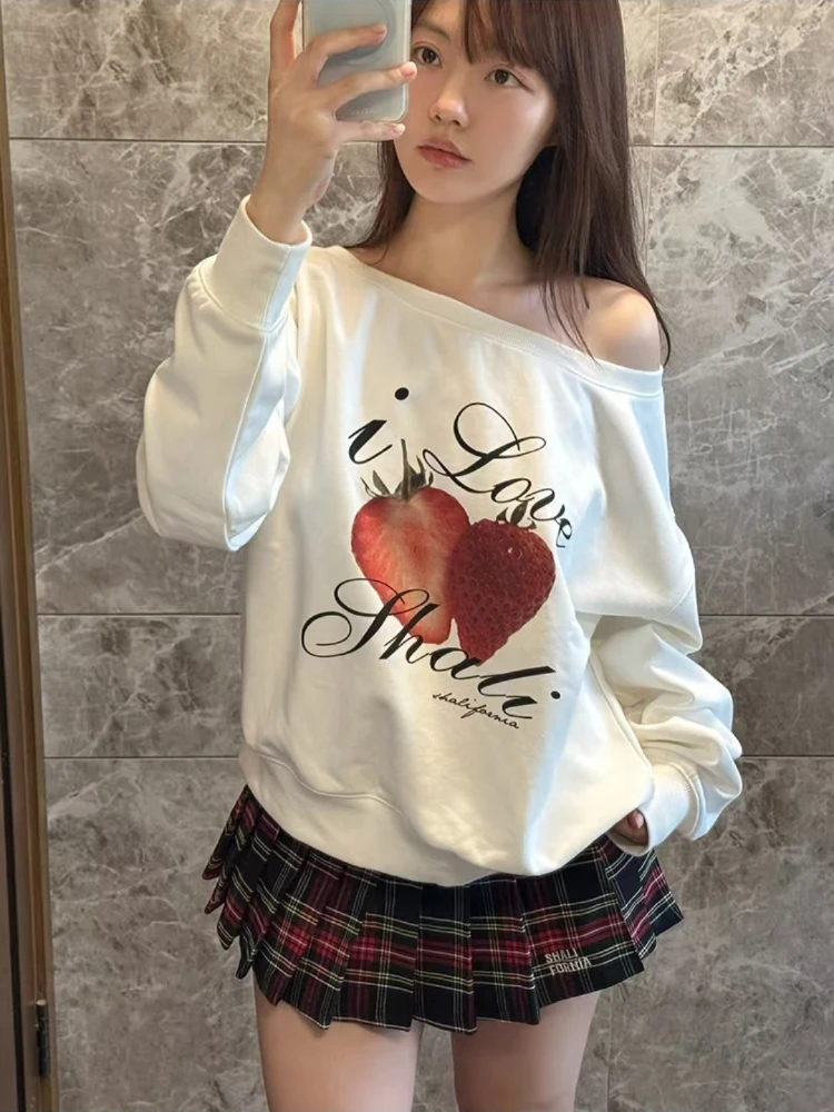 

New Y2k Letter Print Hoodie Pullover Women Korean Casual Skew Collar Streetwear Hoody Harajuku Vintage Oversized Long Sleeve Top