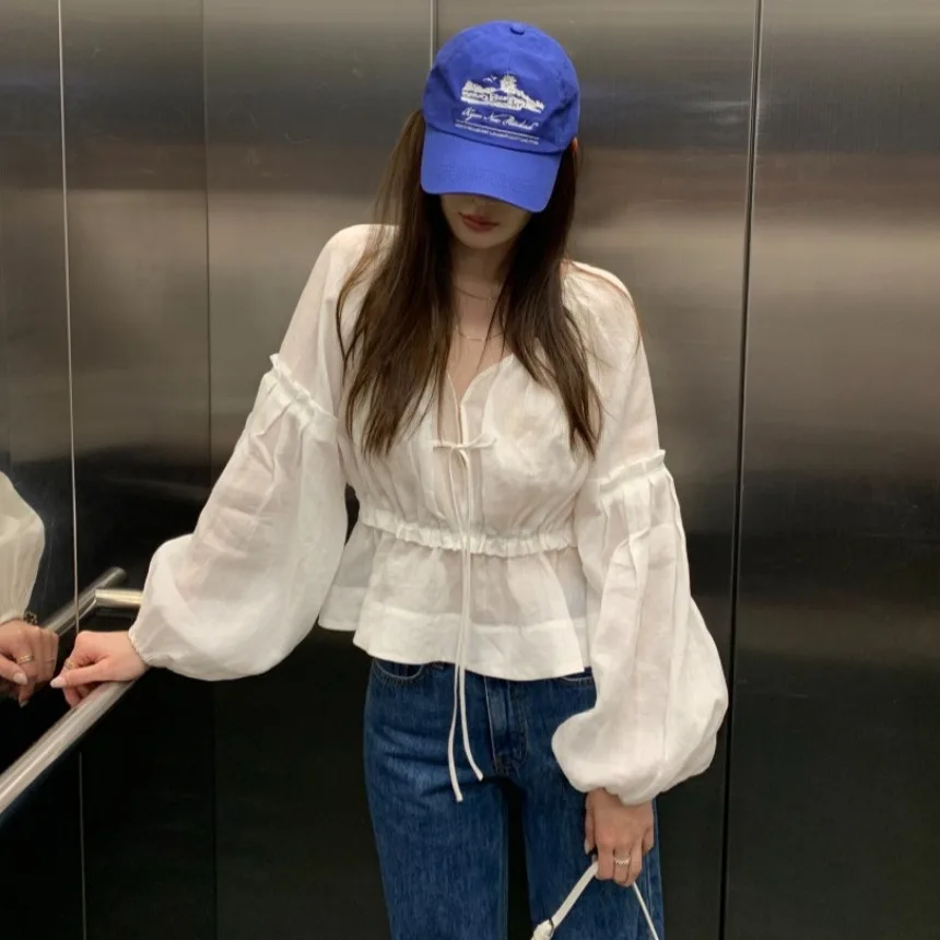 

Модный шифоновый топ с V-образным вырезом и рукавами-фонариками, женский, с завязками на талии, новинка ранней весны, в корейском стиле, приятный к телу, дышащий