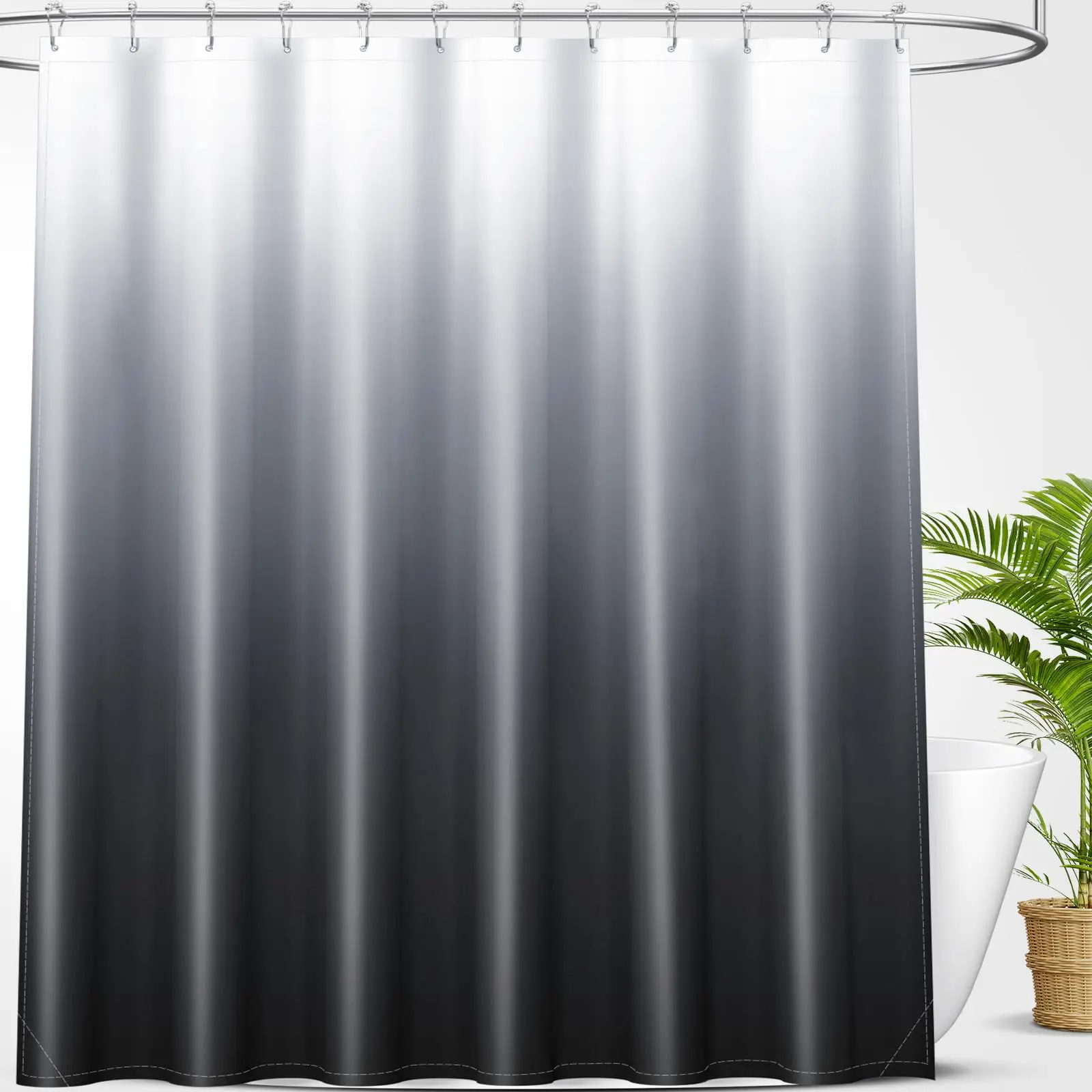 Deluxe Shower curtain, black gray gradient shower curtain set with 12 shower curtain rings, waterproof and washable 72x72 inches