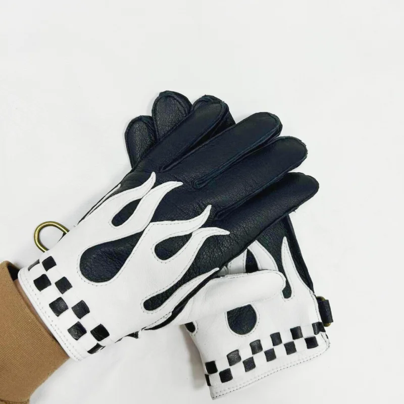 

Stylish Men's Retro Flame Motorcycle Gloves, Breathable Deer Leather Four Seasons Touch Screen for Gym & Outdoor Riding Luvas