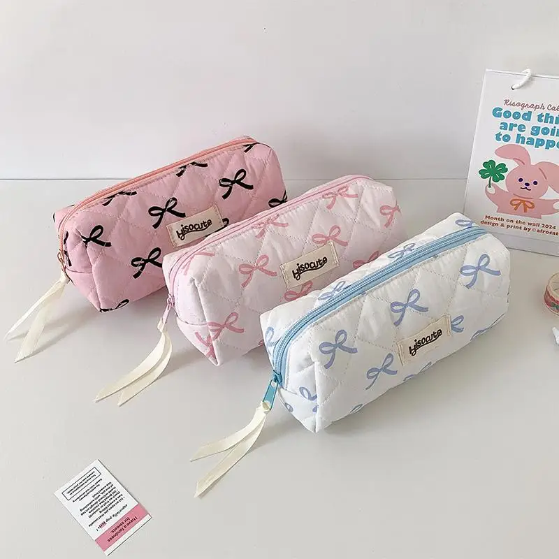 Kawaii Bow Ribbon Pencil Pouch Sweet Style Fabric Pen Bag Girls School Stationery Storage Organizer