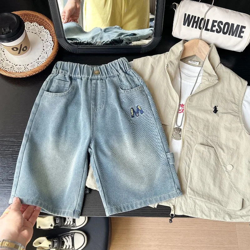 

UNITIM Summer Kids Boys Denim Shorts 2026 Children Boys Letter Print Shorts 2-10Yrs Baby Boys Cropped jeans Elastic Waist Shorts