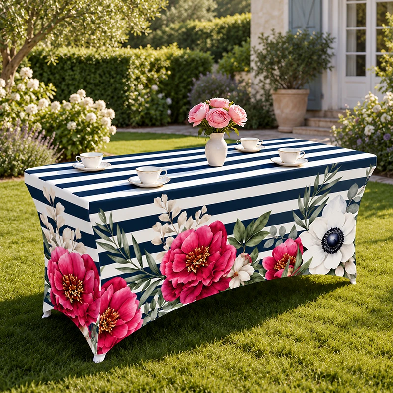 Navy Blue Striped Floral Spandex Table Cover Pink Flowers Stretch Fitted Tablecloth for Wedding Birthday Bridal Shower Decor