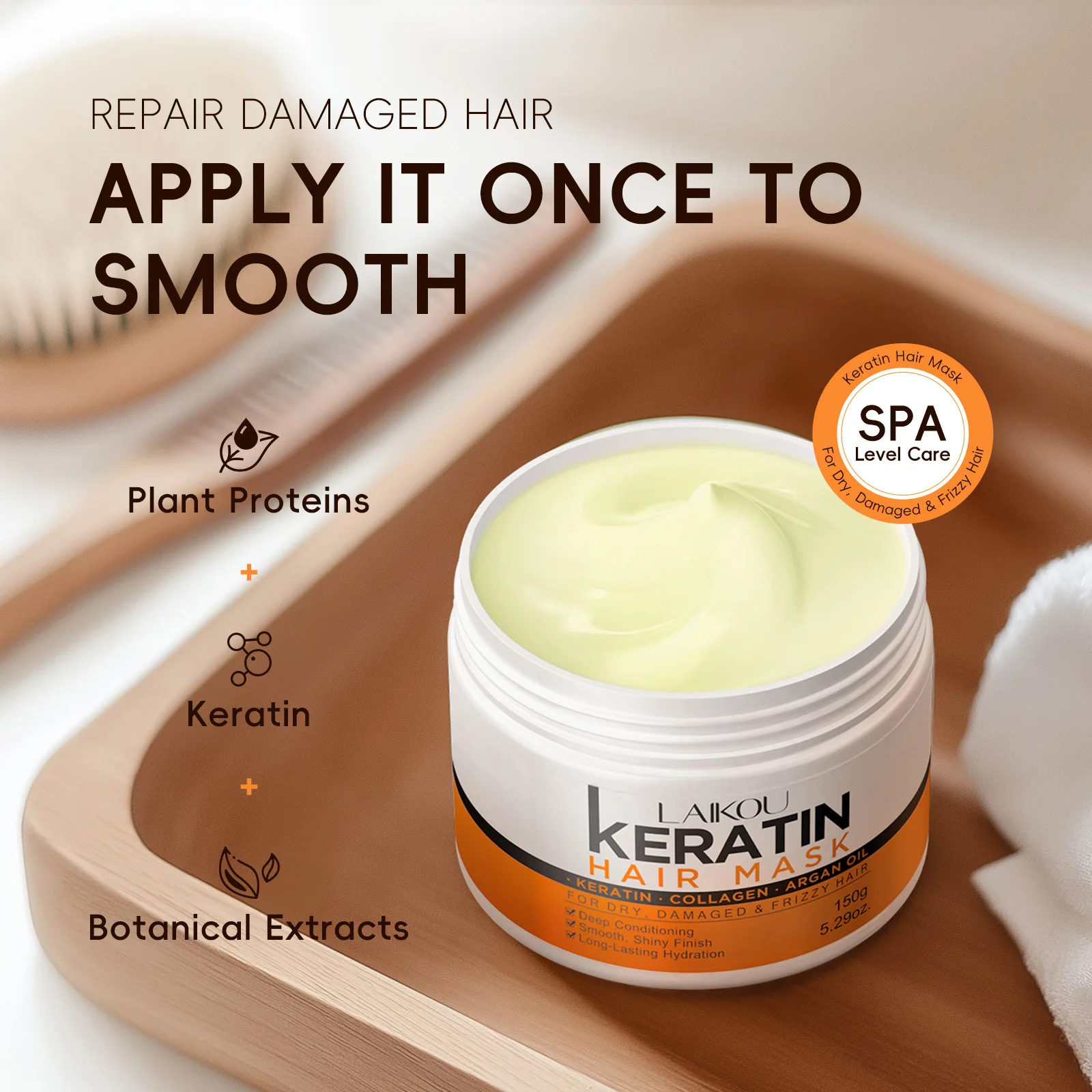 

Маска для волос LAIKOU 150г с аргановым маслом и кератином, легкая, глубоко восстанавливающая для сухих и поврежденных волос, питательная, разглаживающая, против пушистости