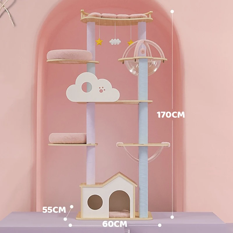 Solid Wood Cat Climbing Tree Tower, Cute Pink Pet Cats Tree House, Cat Gym Toys for Cats Scratching Post, Pet Products