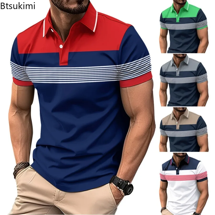 New Men's Business Striped Lapel Polo Shirt Male Button Placket Fashion Casual All-match Short Sleeve T-shirt Daily Commuter Top