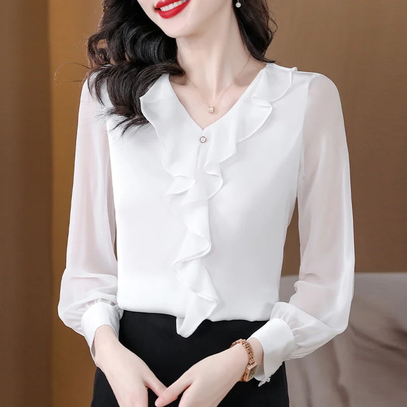 #2535 Summer Black White Office Chiffon Blouse Women Regular Fit Thin Elegant V-neck Ruffles Womens Tops And Blouses Long Sleeve