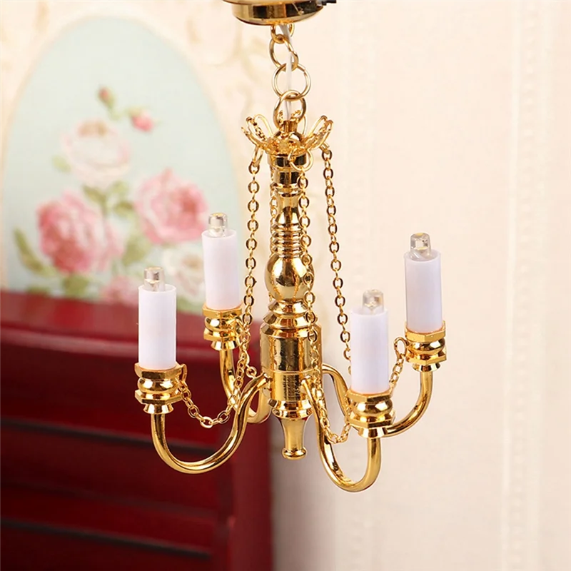 WOTT 1:12 Dollhouse Mini 4 Arm Ceiling Lamp Chandelier LED Lamp Wall Light Model Home Decor Dollhouse Decoration