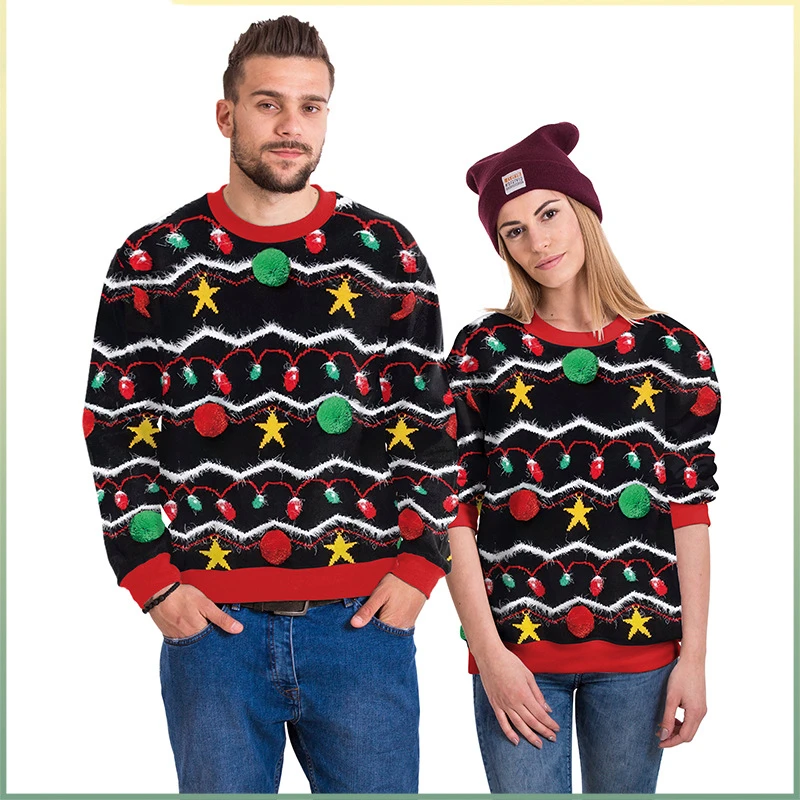 

2024 New 3D Digital Christmas Bell Light Bulb Printed Round Neck Sweater Cross-border Printing Men and Women Couple Outfit