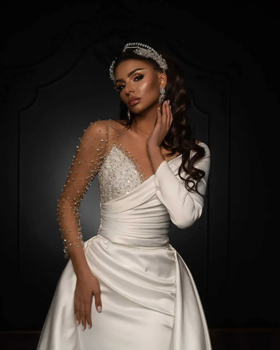 Customized Sheer Neck Shinny Beads Mermaid Wedding Dress with Removable Skirt  Plus Size Vestido De Novia Country Bridal Gown