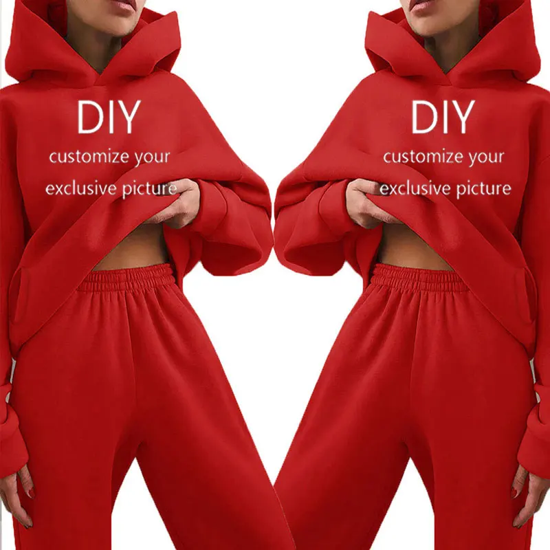 Exclusive DIY Print  Women Autumn Winter Fleeced Tracksuits Casual Sweatpants and Hoodie Set Two Pieces Set Hooded Sweatshirt