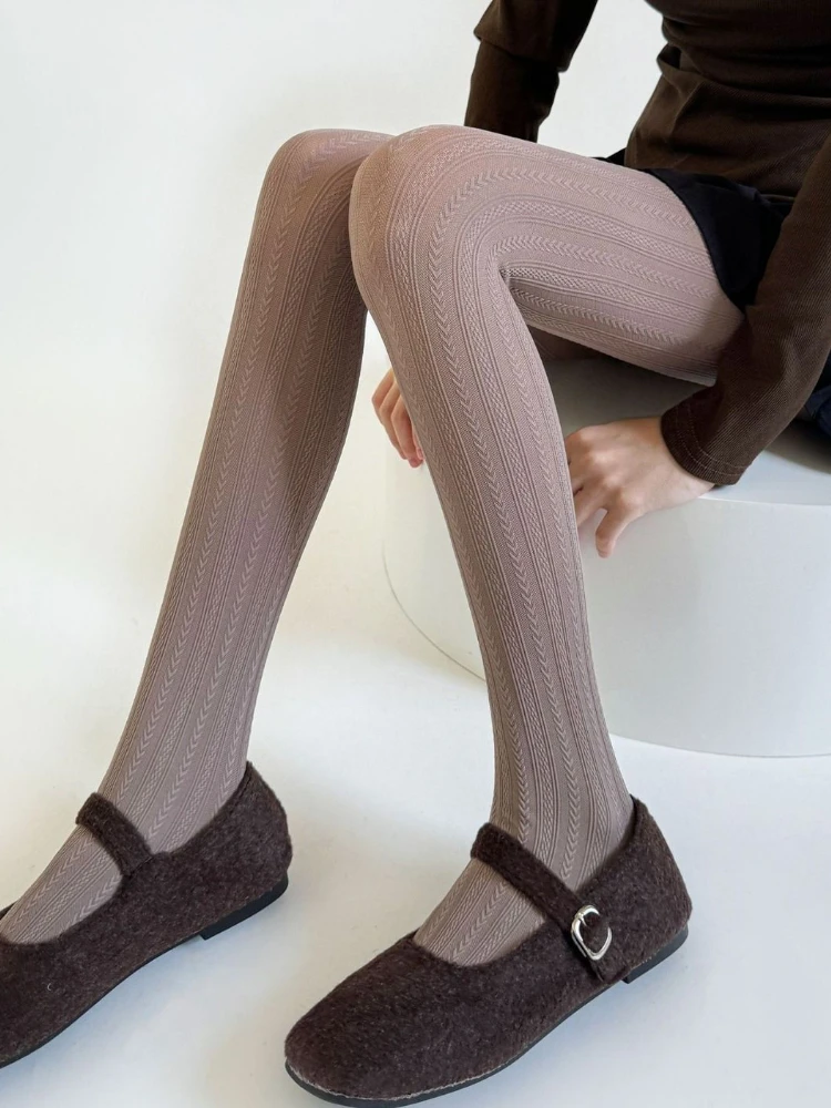 Gray Slim Leggings Women 2025 New Retro Vertical Grain Wheat Ear Jacquard Pantyhose Cotton Solid Thin Sexy Versatile Leggings