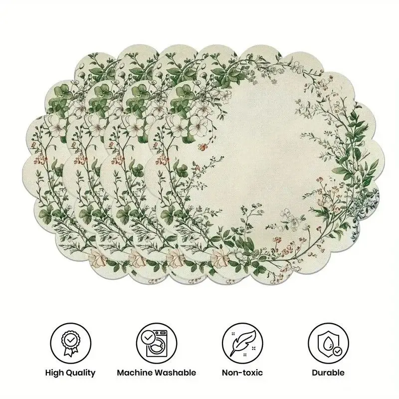 VIKAMA White Jasmine Green Leaf Wreath Scalloped Round Placemats Vintage Floral Washable Cottage Farmhouse Kitchen Table Mat view 4