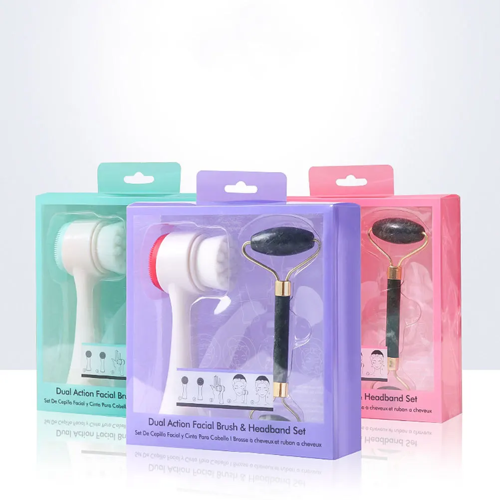2-teiliges Jade-Roller-Massage-Set mit Doppelseitiger Gesichtsreinigungsbürste, Manueller Gesichtsmassager und Hautpflege-Massagegerät