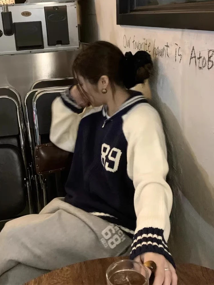 Вязаный свитер в стиле ретро для колледжа Sle Color Blo Letter, пальто с двойной молнией, длинное све, осень-зима, модный шикарный женский сгусток...