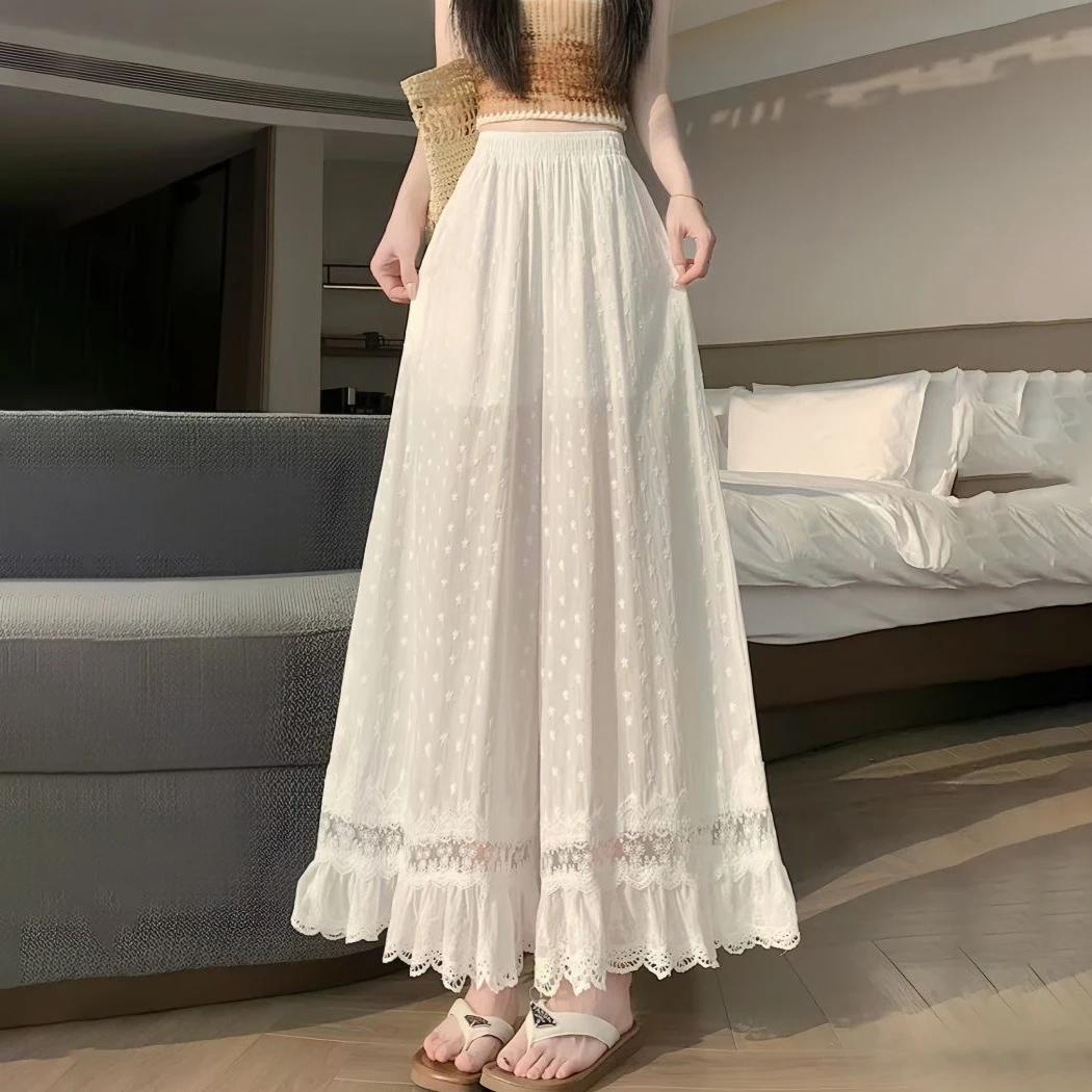Women White Elastic High Waist Wide Leg Pants Star Embroidery Eyelet Lace Ruffle Hem Sheer Flowy Casual Beach Palazzo Trousers view 4