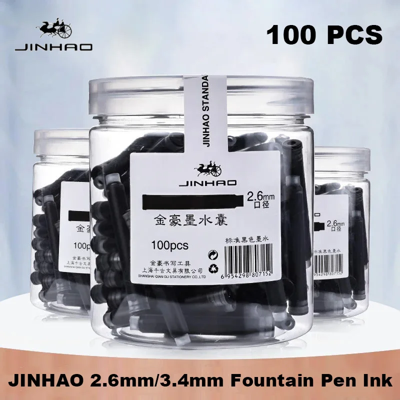 100 peças jinhao preto/azul caneta tinteiro cartucho de tinta recargas 2.6mm/3.4mm tinta chinesa material de escritório escolar papelaria