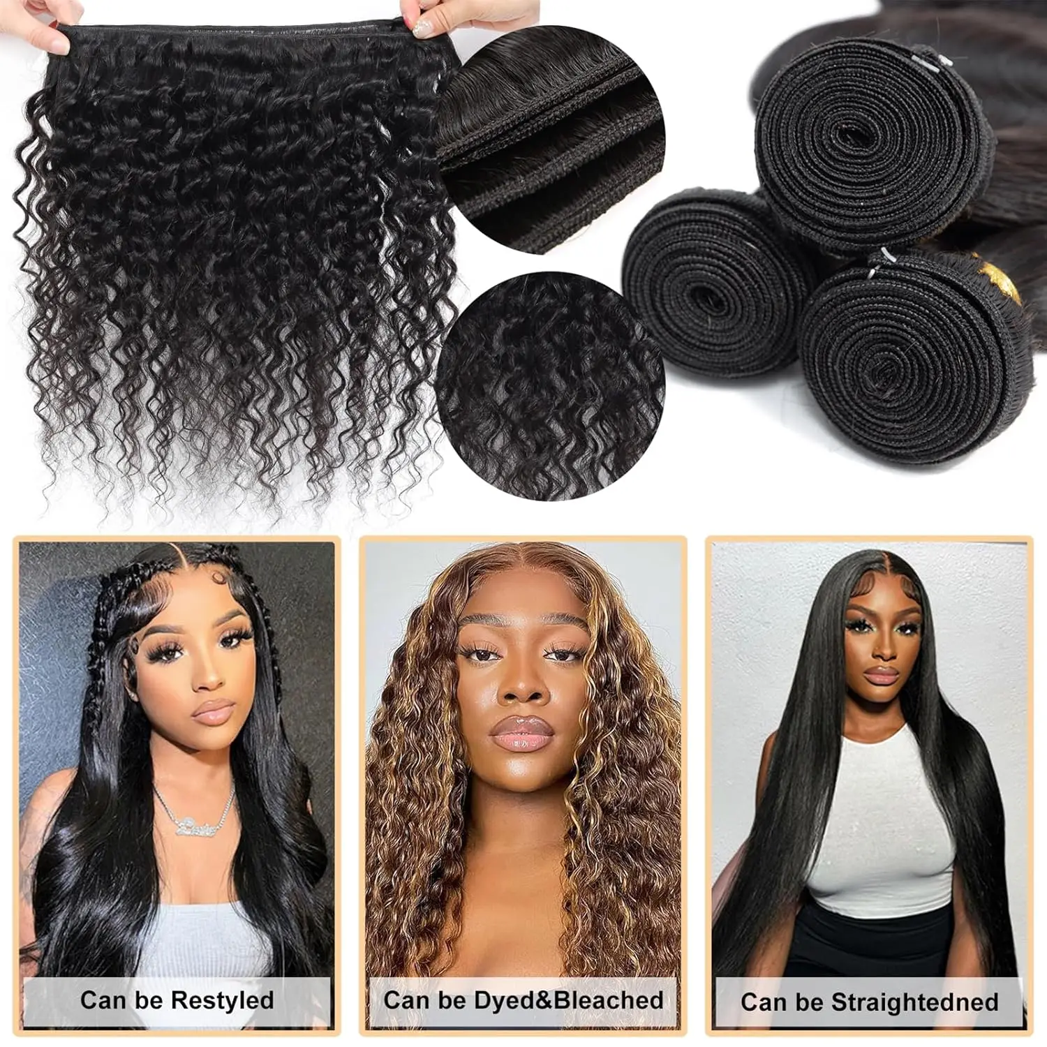 Mèches Brésiliennes Naturelles Remy, Cheveux Vierges, Deep Wave, 22 24 26 Pouces