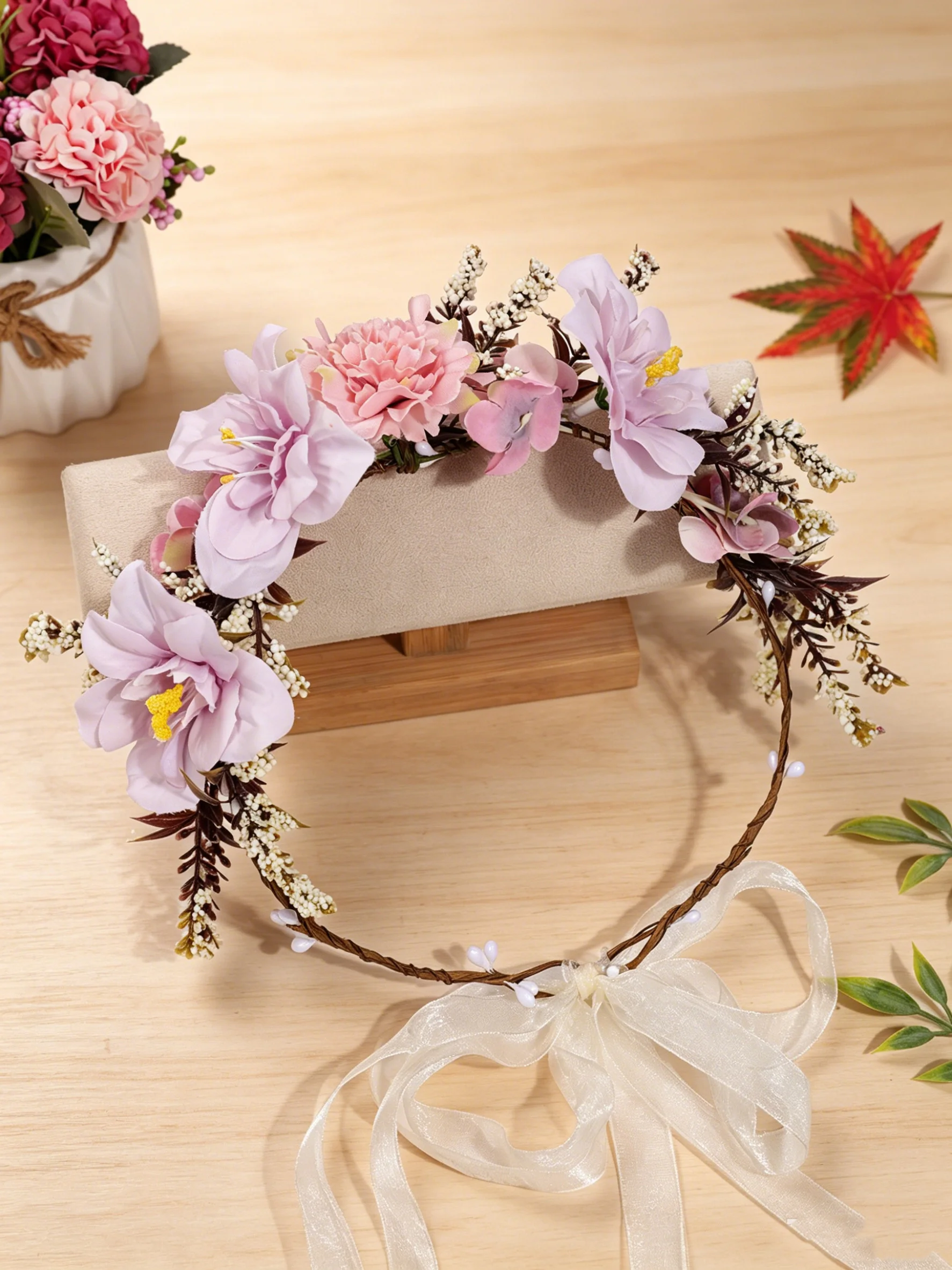 Hot-Selling Pink and Purple Artificial Flower Headband, Bohemian Style Wreath, Wedding Party Photo Shoot Atmosphere Hair Accessory image 5
