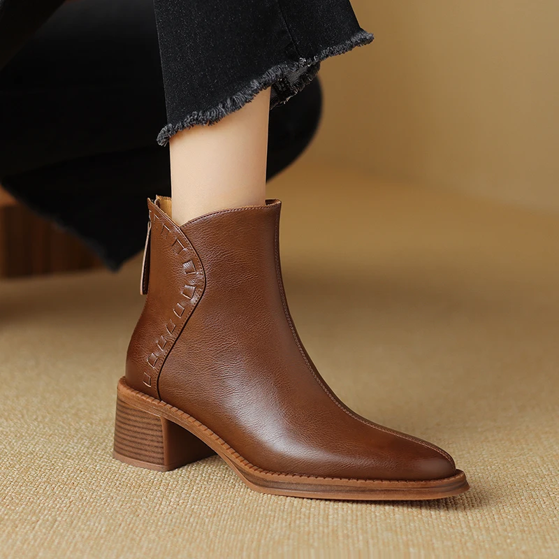 2024 New Women Ankle Boots Autumn Winter Thick High Heels Pointed Toe Mature Office Lady Side Zipper Shoes Woman Retro Style