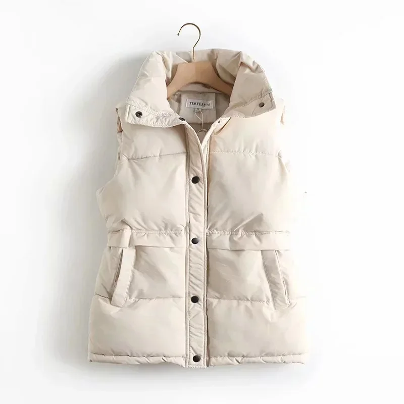 

Autumn Winter Women Solid Loose Vest Drawstring Stand Collar Long Vest Jacket Cotton Padded Women Windproof Warm Waistcoat