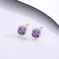 925 Sterling Silver Square Purple Zircon Stud Earrings For Women Piercing Luxury Elegant High Quality Fine Jewelry Wholesale